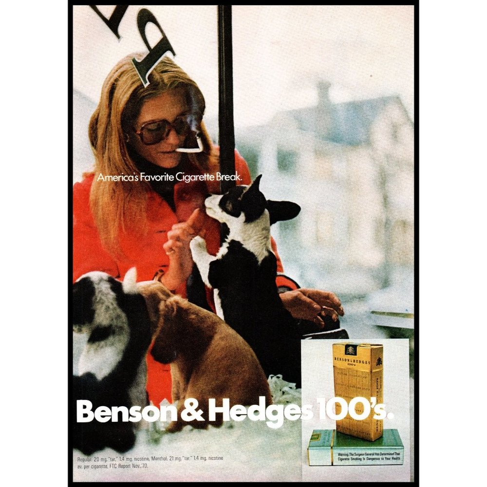 1971 Benson & Hedges Cigarettes Vintage Print Ad Puppy Puppies Woman Wall Art